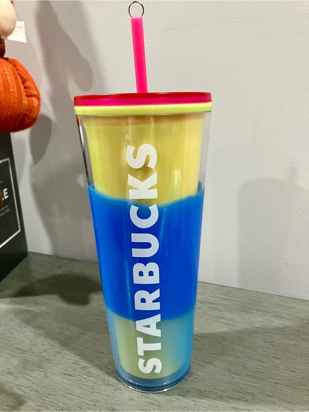 Starbucks Yellow and Blue Ombre Tumbler with Pink Straw and cleaning brush